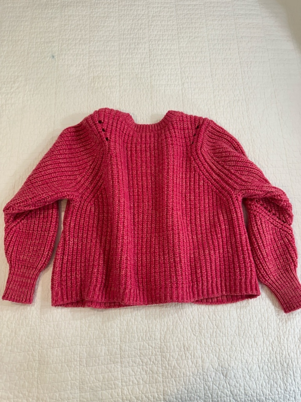 LOFT Petite Medium Pink Chunky Knit Sweater Eyelet Wool Ribbed Cozy Pullover - Picture 5 of 6